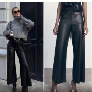 Zara High Waisted Faux Leather Marine Straight Pants |  Black Women's Size 12